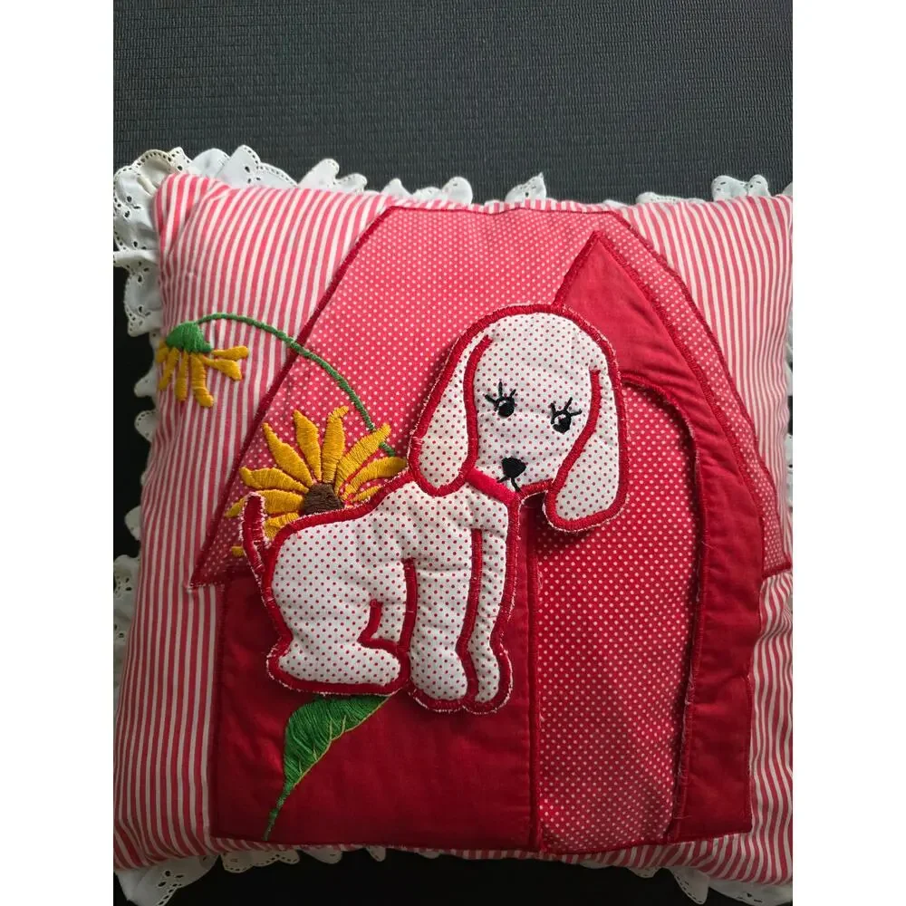 Vintage Homemade Sewn Embroidered Puppy Pillow Red Eyelet Lace Nursery Polka Dot